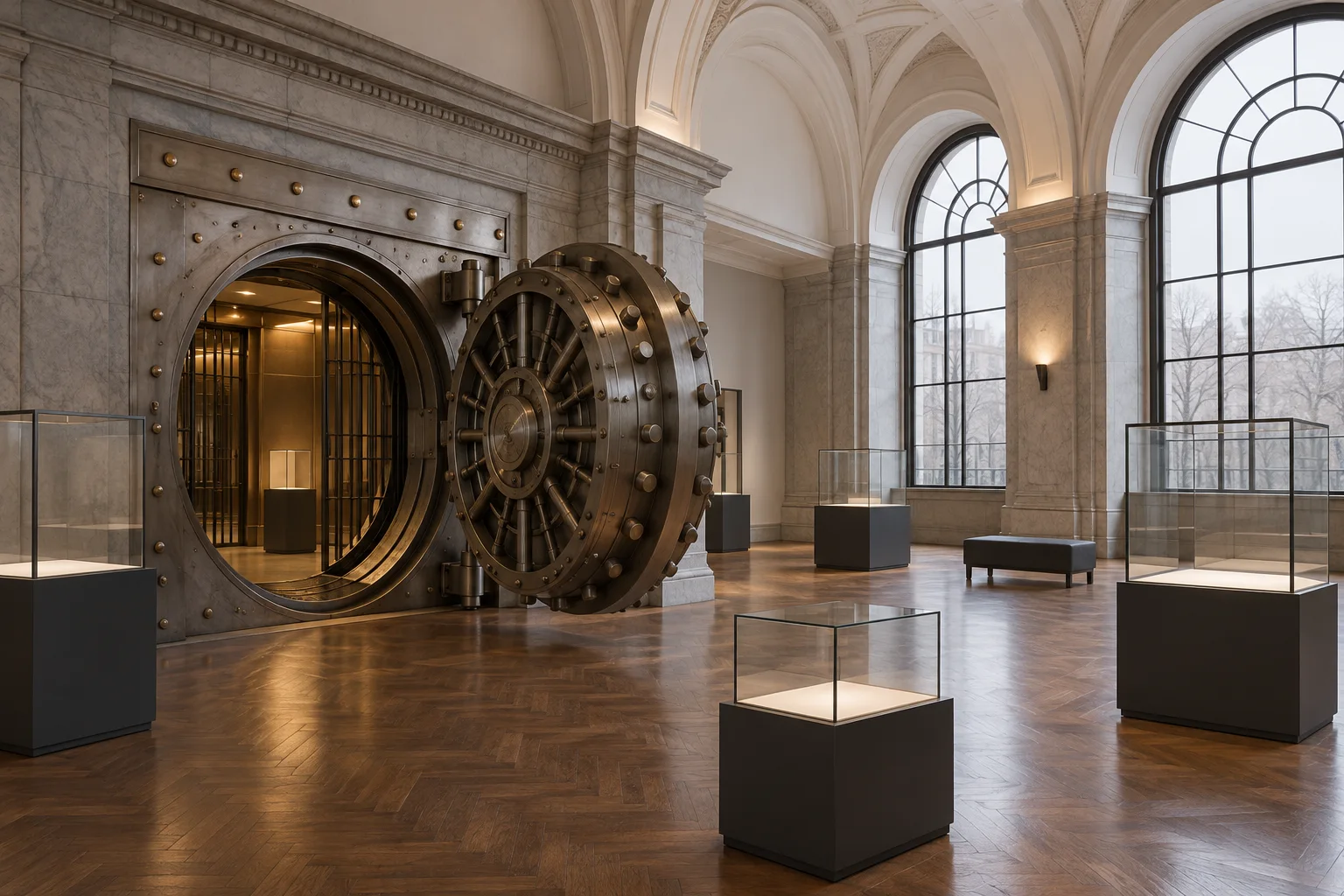 旧銀行の建物を展示空間として使う様子を想像した室内(大きな金庫扉と空の展示ケース)