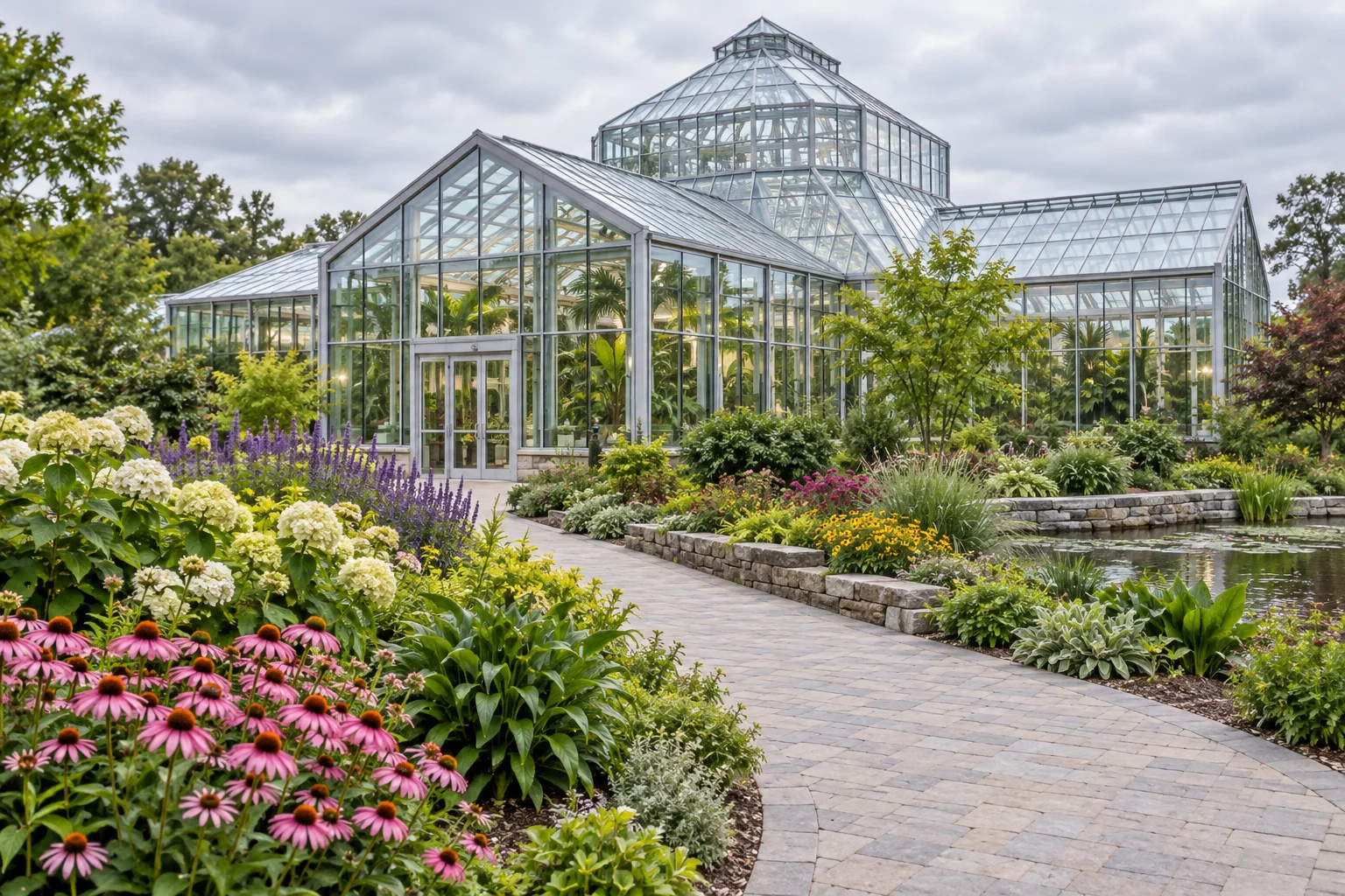 A garden path with a glass greenhouse and flower beds