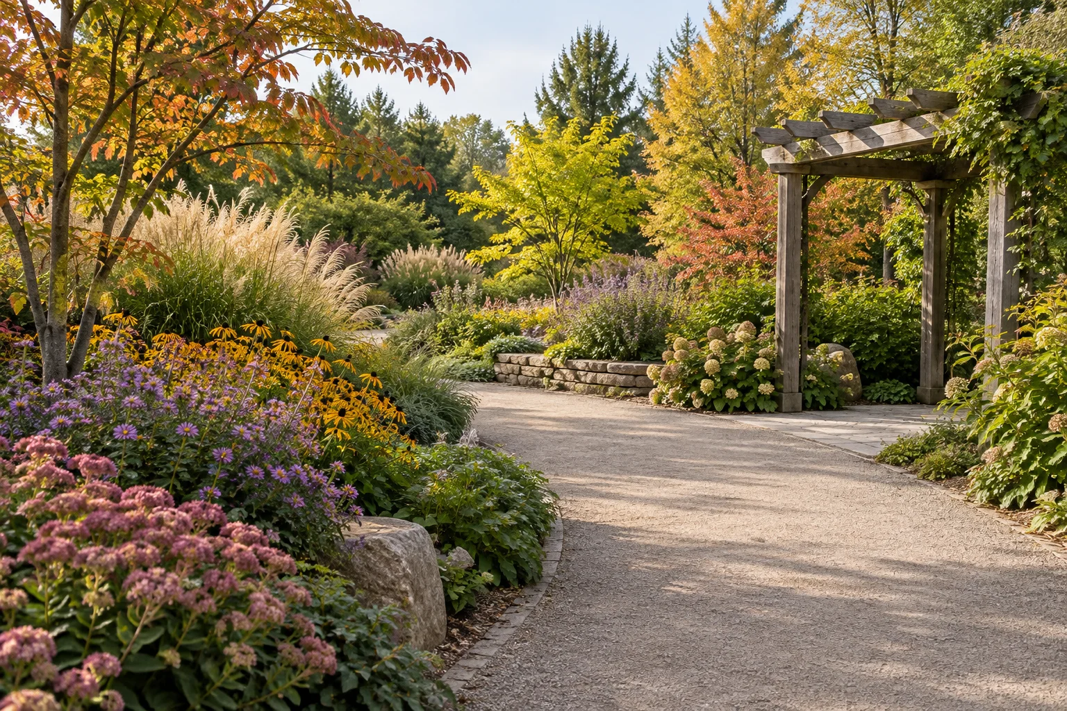 A garden walkway lined with seasonal plants