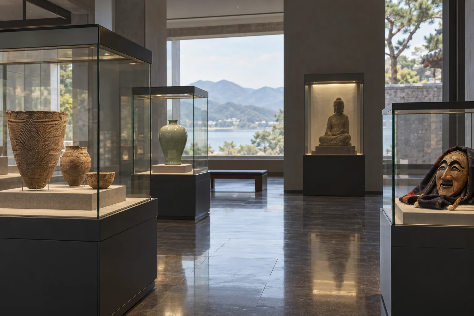 先史土器、青磁、石造仏、仮面が並ぶ地域史博物館の展示室を想像で描いた場面