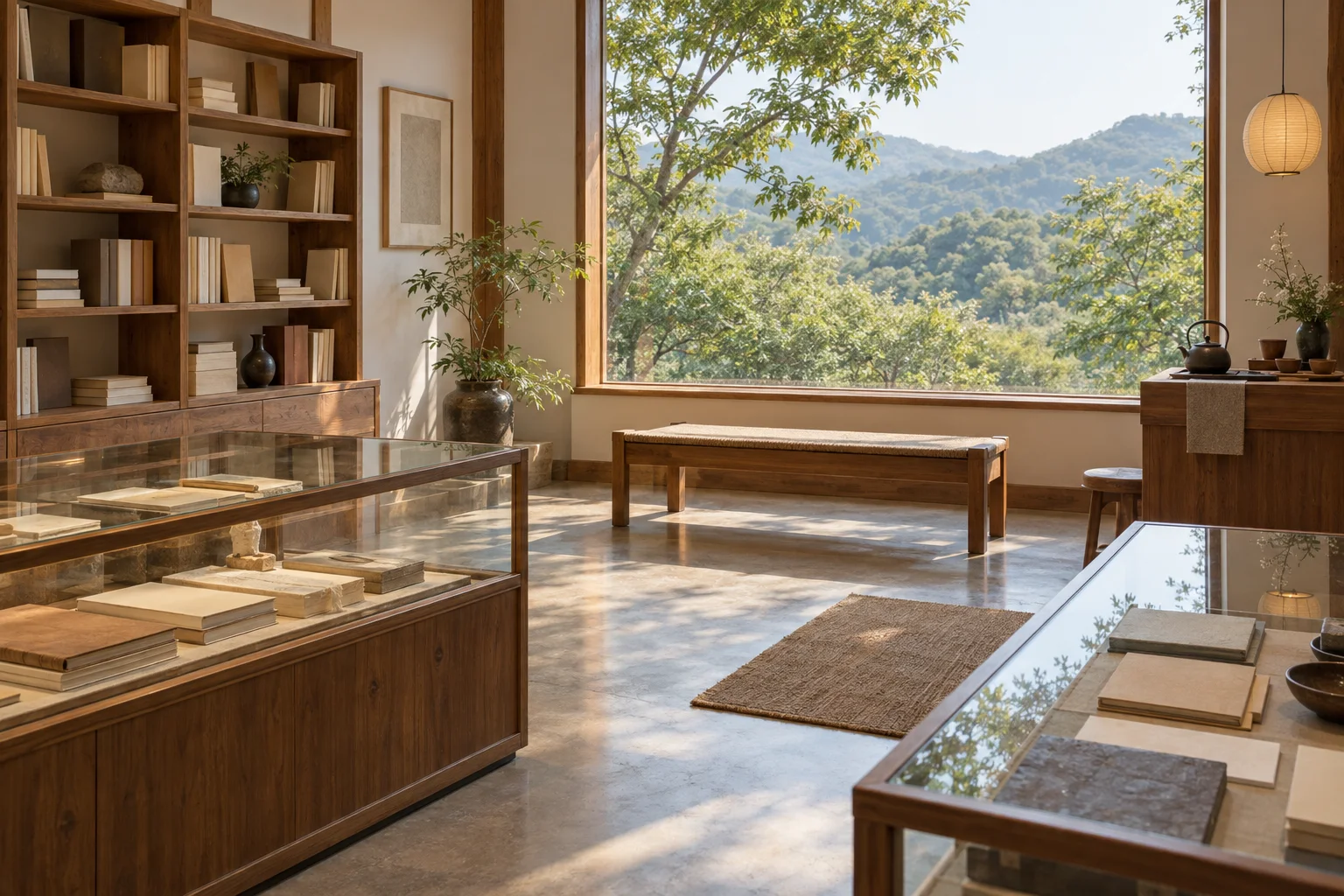 imagined small cultural space interior with display cases and a reading nook (not actual exhibits)