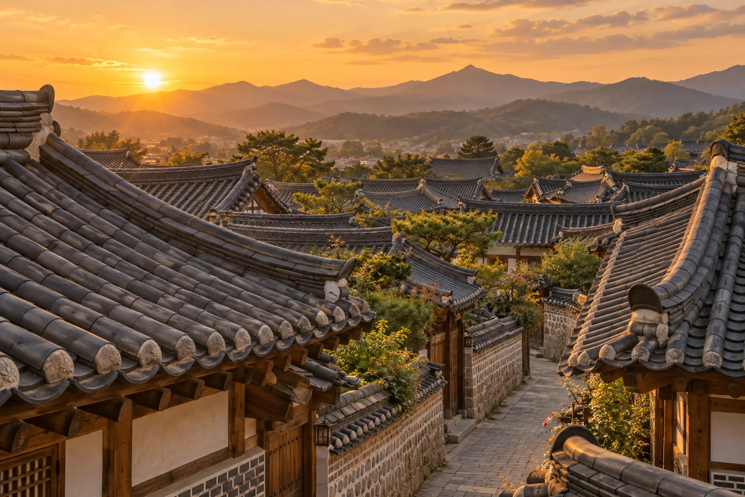 Tiled hanok roofs at sunset above a narrow stone alley
