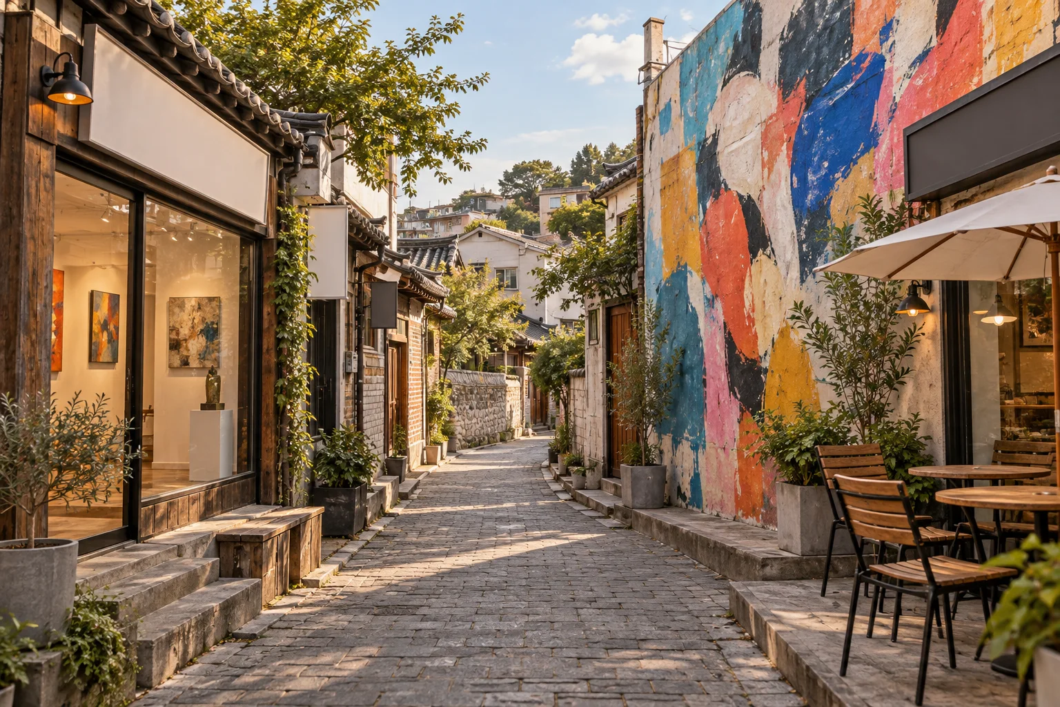 imagined old-downtown art lane with galleries and an abstract wall painting (not an actual mural or shop)