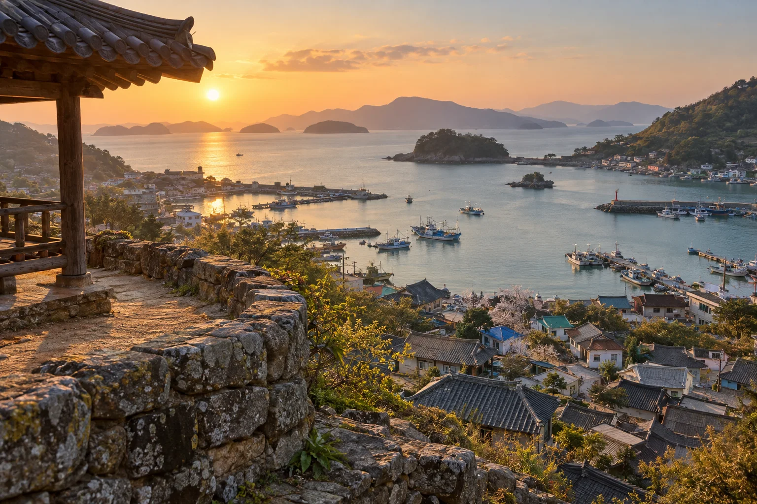 Imagined hilltop view over a harbor, tiled roofs and islands