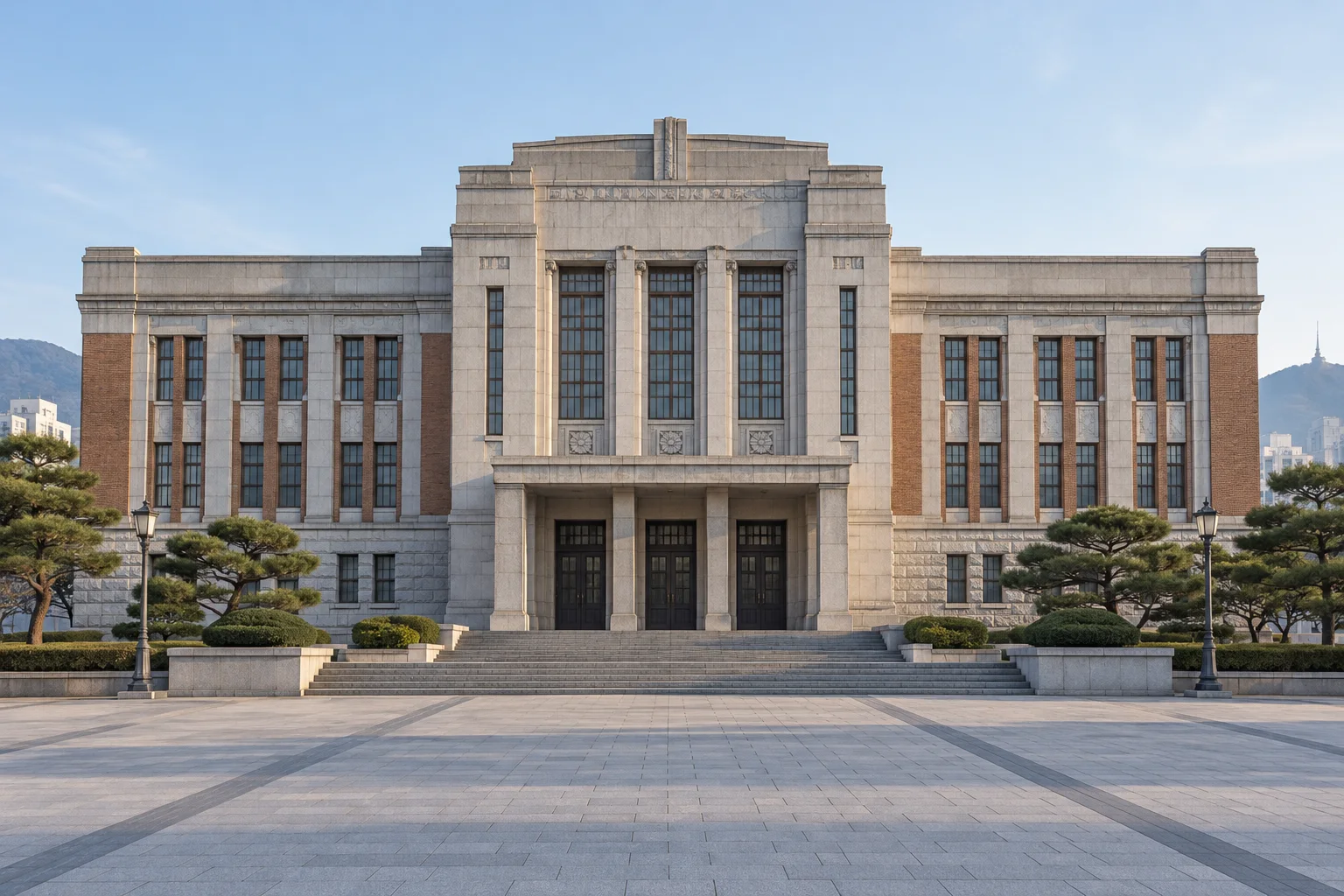 An imagined civic building with a stone facade and symmetrical windows, not a depiction of Daeheung-dong Cathedral.