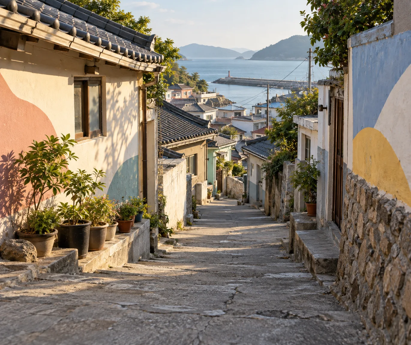 Imagined hillside village lane with stepped alleys and abstract wall colors