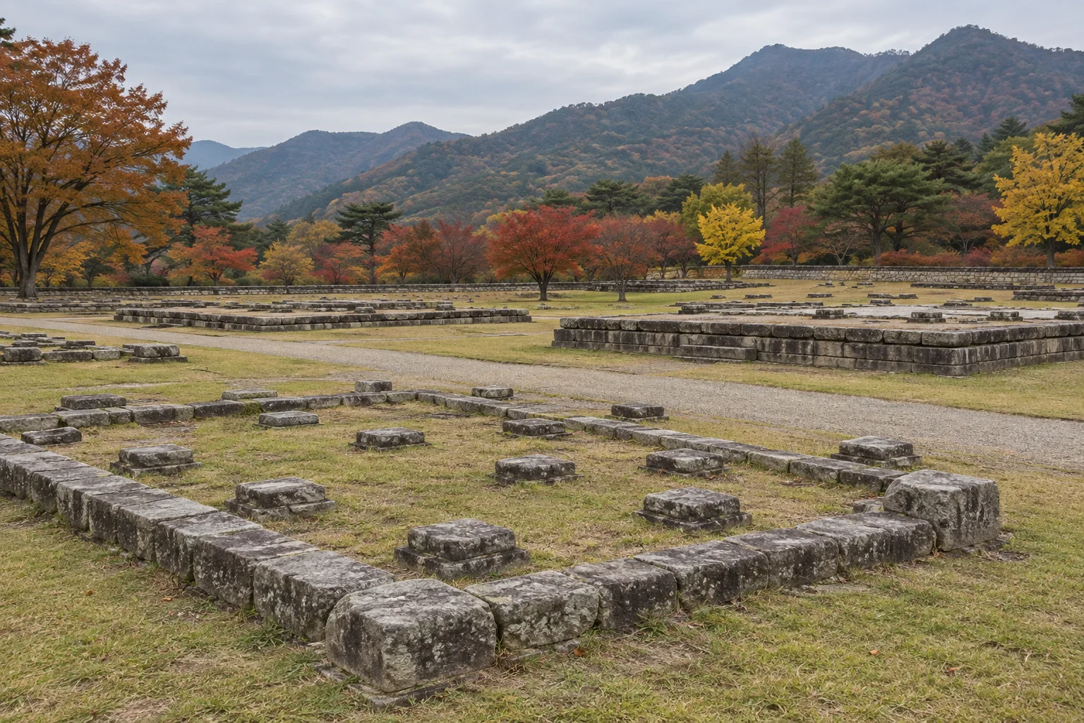 Excavated temple site with foundation stones