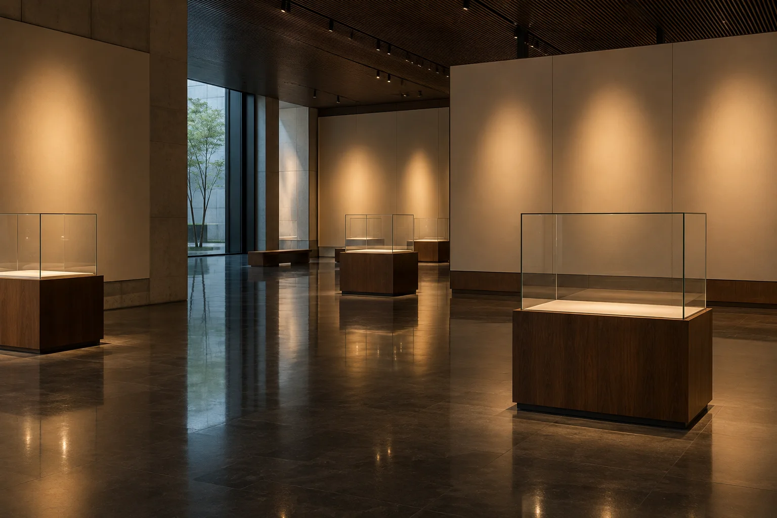 Abstract museum gallery with empty display cases and warm light, no artworks