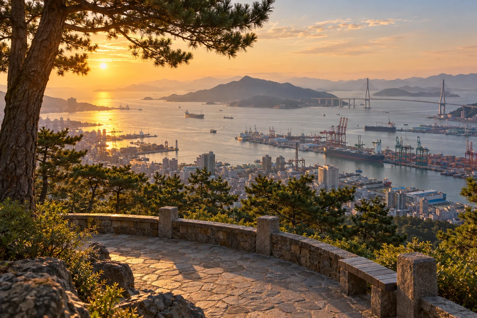 imagined hilltop park view over a harbor city (not the actual view from Yongdusan Park)