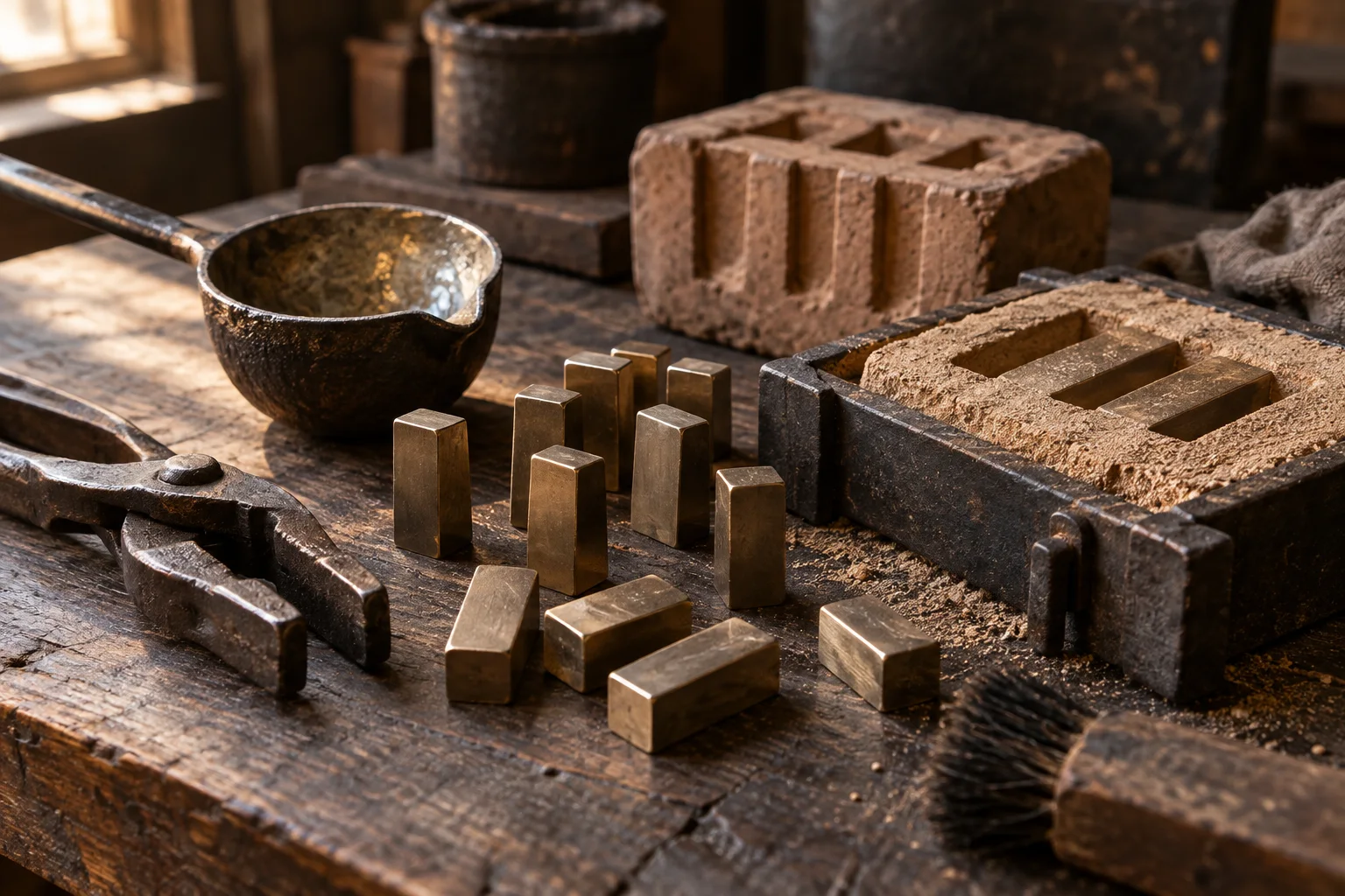 Close-up of metal-type casting tools without characters