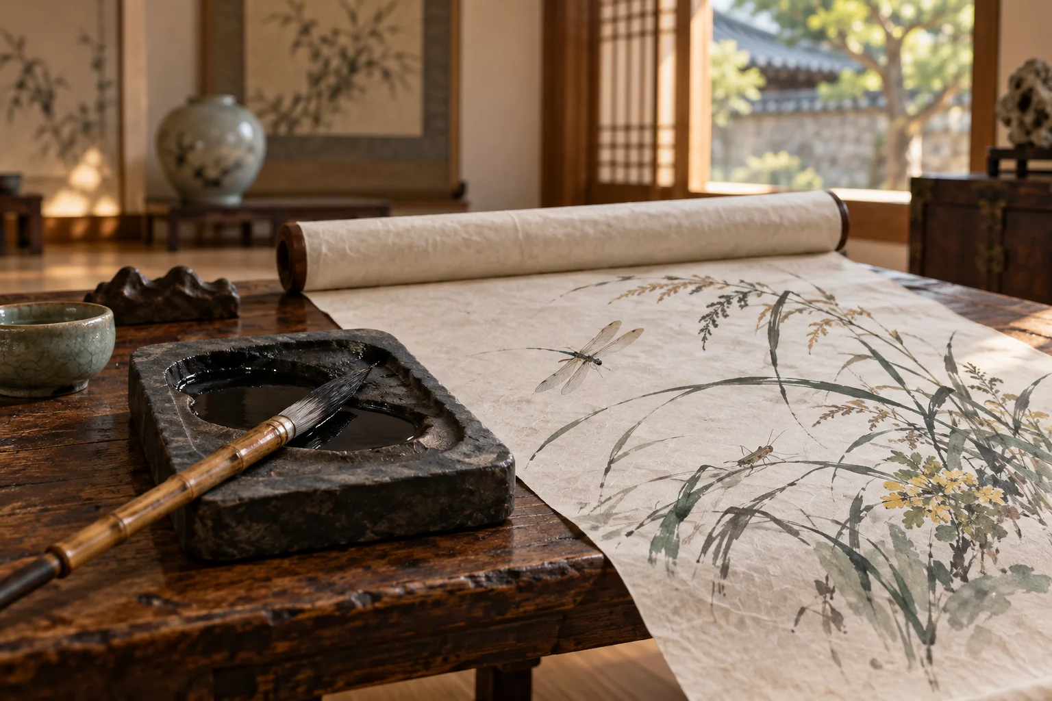 筆と硯、草と虫を描いた巻物が置かれた静かな書斎机を想像で描いた静物